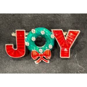 Vintage JOY Christmas Wreath Pin – Enamel & Rhinestone Holiday Brooch CP48